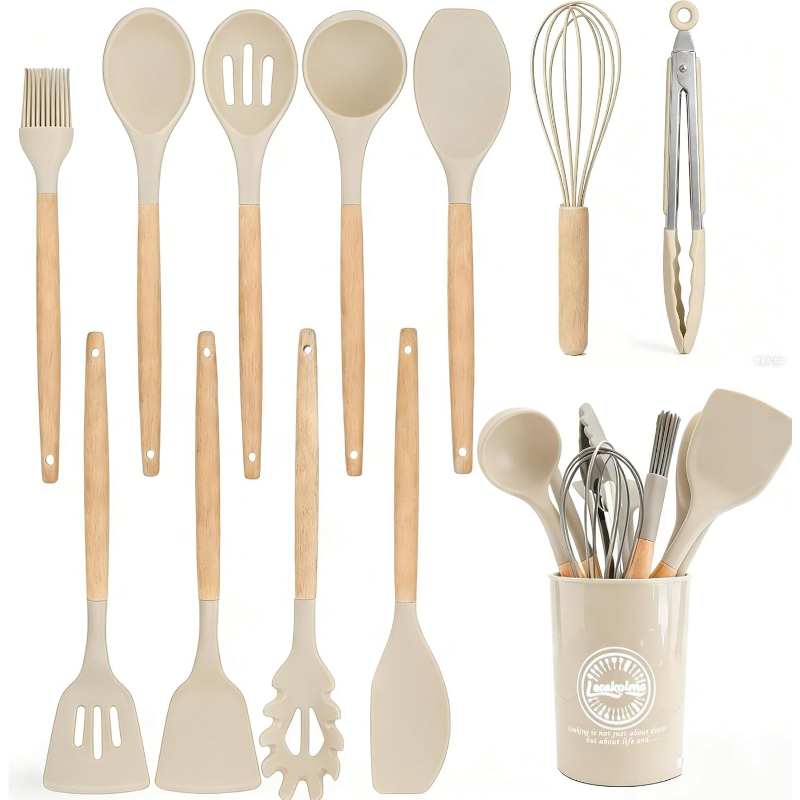 Kitchen Gadgets And Appliances - 나무 손잡이 실리콘 주방 도구 세트